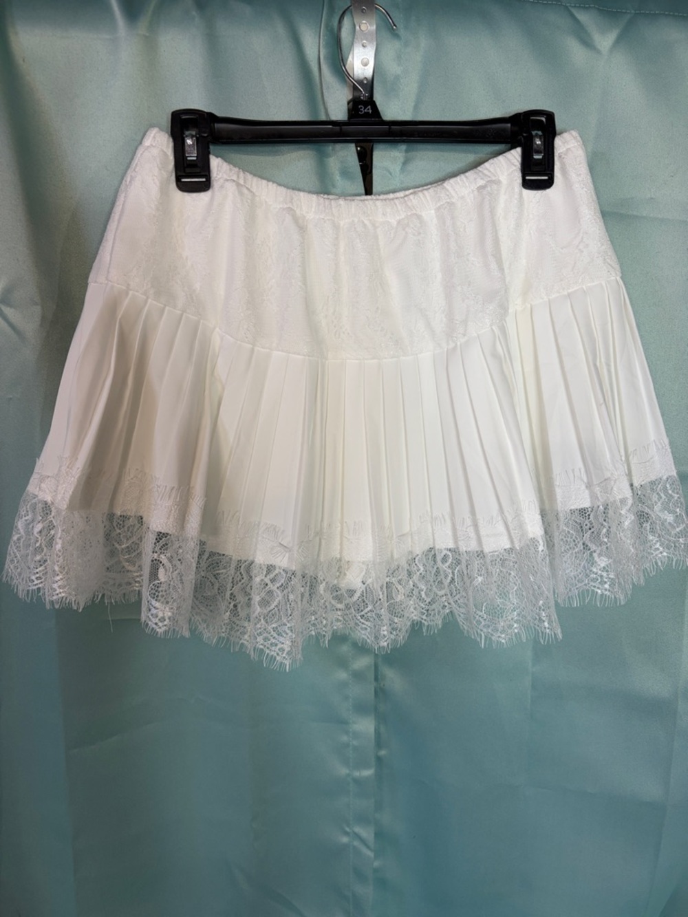 White Lace Pleated Mini Skirt with Elastic Waist